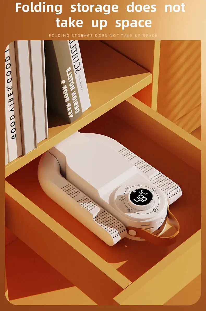 Sèche-chaussures portable pliable blanc et réchauffeur, avec affichage numérique et sangle de transport, pour un transport facile