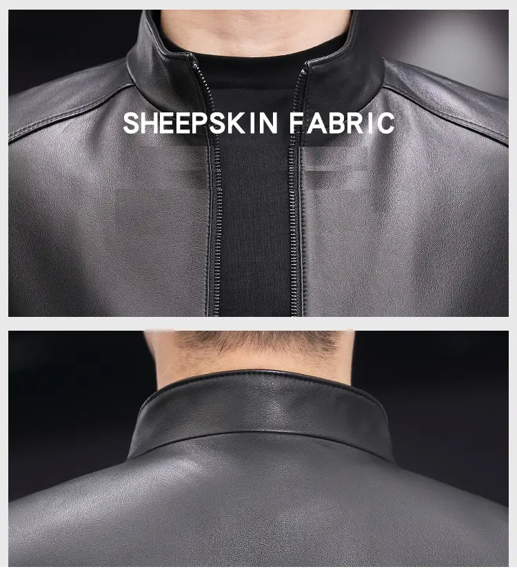 Veste en peau de mouton noire à finition mate élégante et col haut, présentée comme une alternative à une veste en cuir blanche pour homme, manteau professionnel masculin d’hiver promouvant un style professionnel simple pour l’hiver.