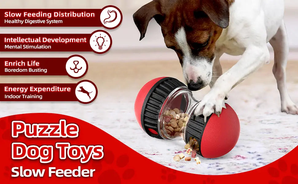 juguete para rompecabezas canino esférico y dispensador de alimento color rojo y negro, con una sección transparente que revela las croquetas en su interior, para una dispensación interactiva de comida para el perro.