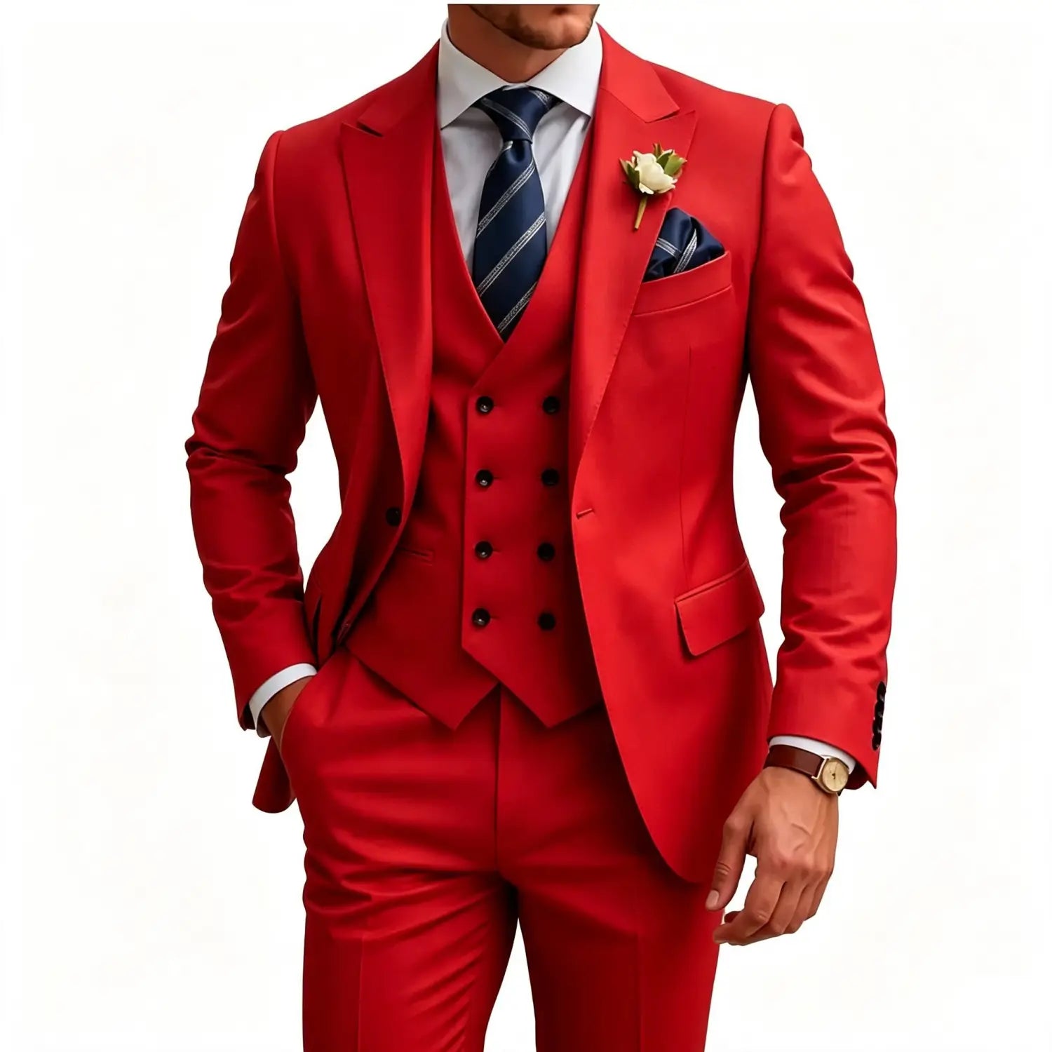 Atractivo traje de tres piezas ajustado para hombre color rojo vibrante, con confección esmerada y cierre frontal sencillo, que incorpora botones negros.