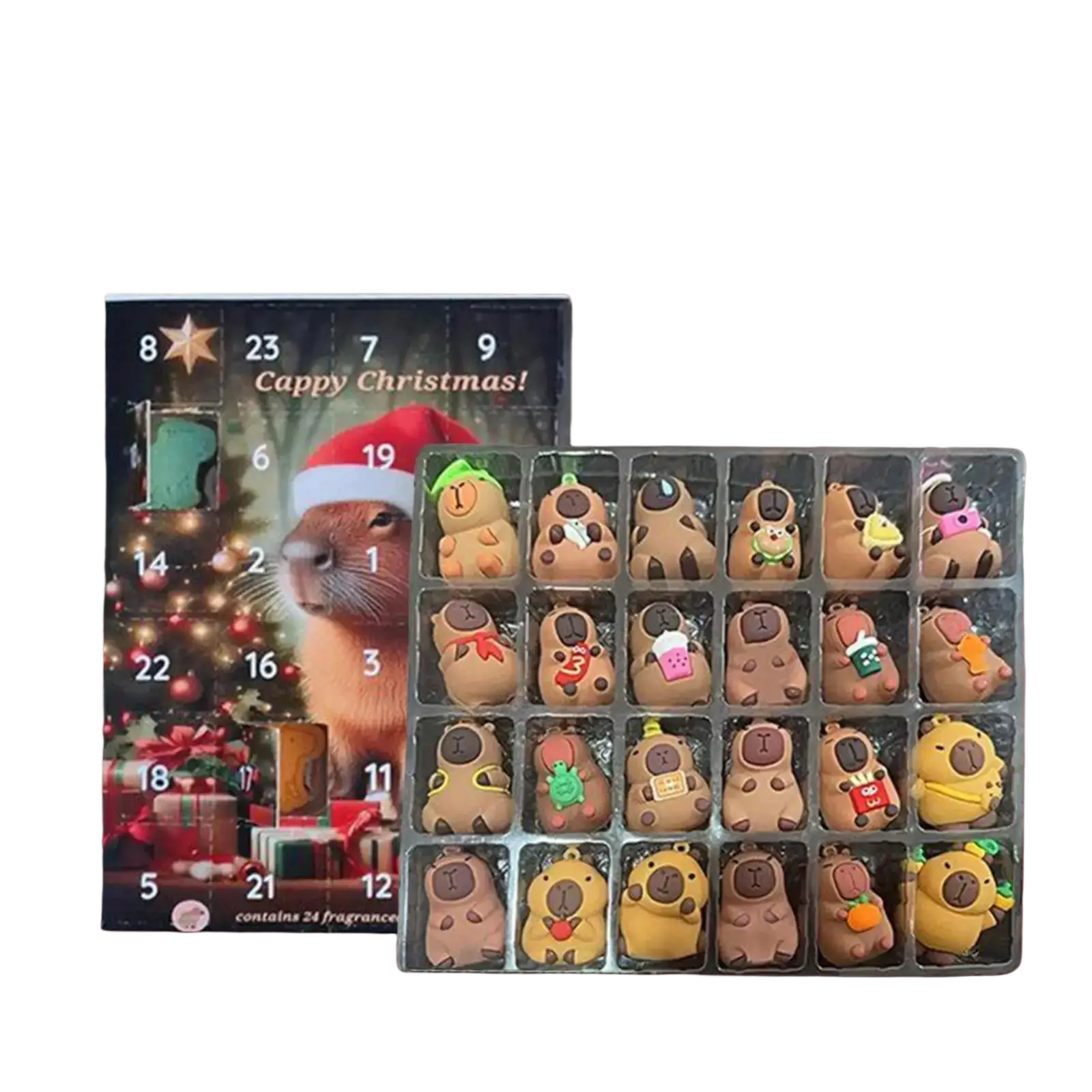 Calendario de cuenta atrás navideño de capibaras encantadoras que muestra 24 mini botellas aromáticas en una bandeja de plástico transparente, junto con figuras de peluche de capibara marrones y amarillas con accesorios festivos, visto desde el frente