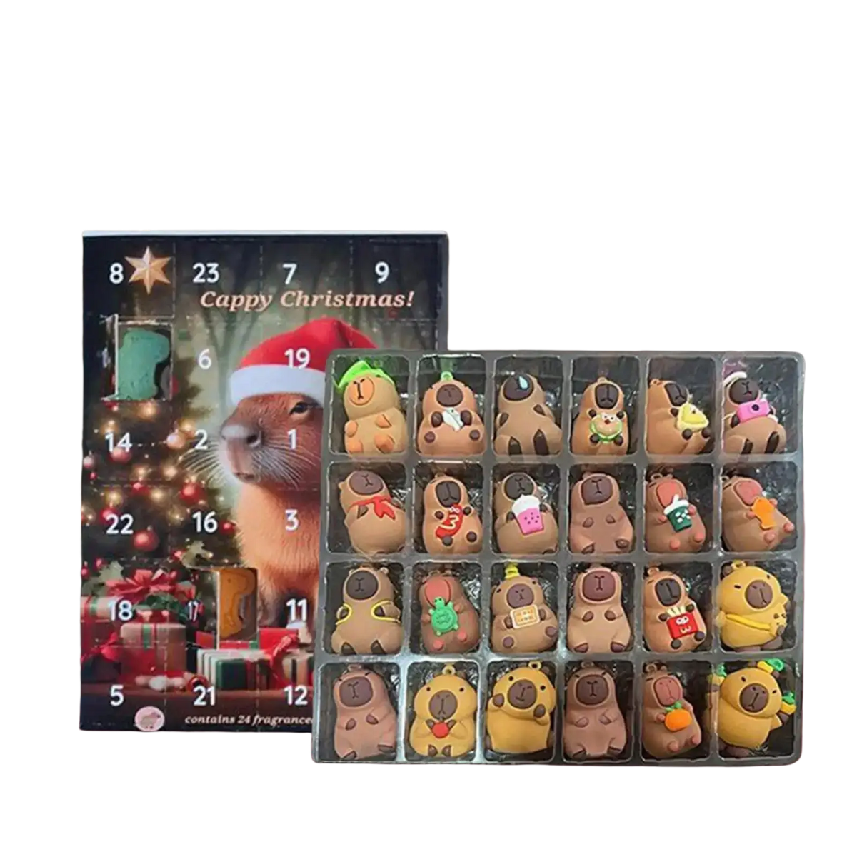 Front view of capybara advent calendar with 24 fragranced cute capybara miniatures in a clear plastic tray for countdown calendar