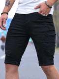 Black Ripped Denim Shorts Men's Summer New Fashion Skinny Elastic Washed Knee Length Jeans Casual Slim Hip-hop Pants Streetwear