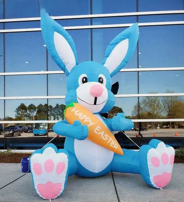 Easter Blue Bunny Holding Carrot, Iatable Cartoon Rabbit With Blower For Holiday Event Doorway, Party Decoration