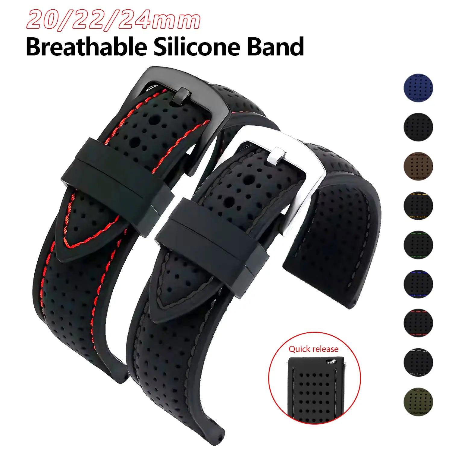 Schwarzes atmungsaktives Silikon-Uhrenarmband mit roter Steppnaht und perforiertem Design, mit silberfarbenem Schnallenverschluss, kompatibel mit 20 mm, 22 mm, 24 mm Schnellverschluss-Uhren