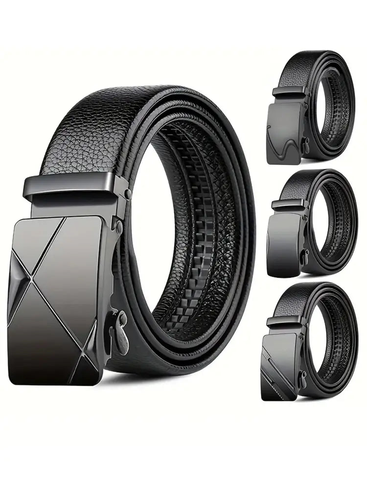 Ceinture en cuir pour homme à boucle automatique, noire, dotée d’une boucle automatique élégante à finition mate avec des motifs gaufrés géométriques.