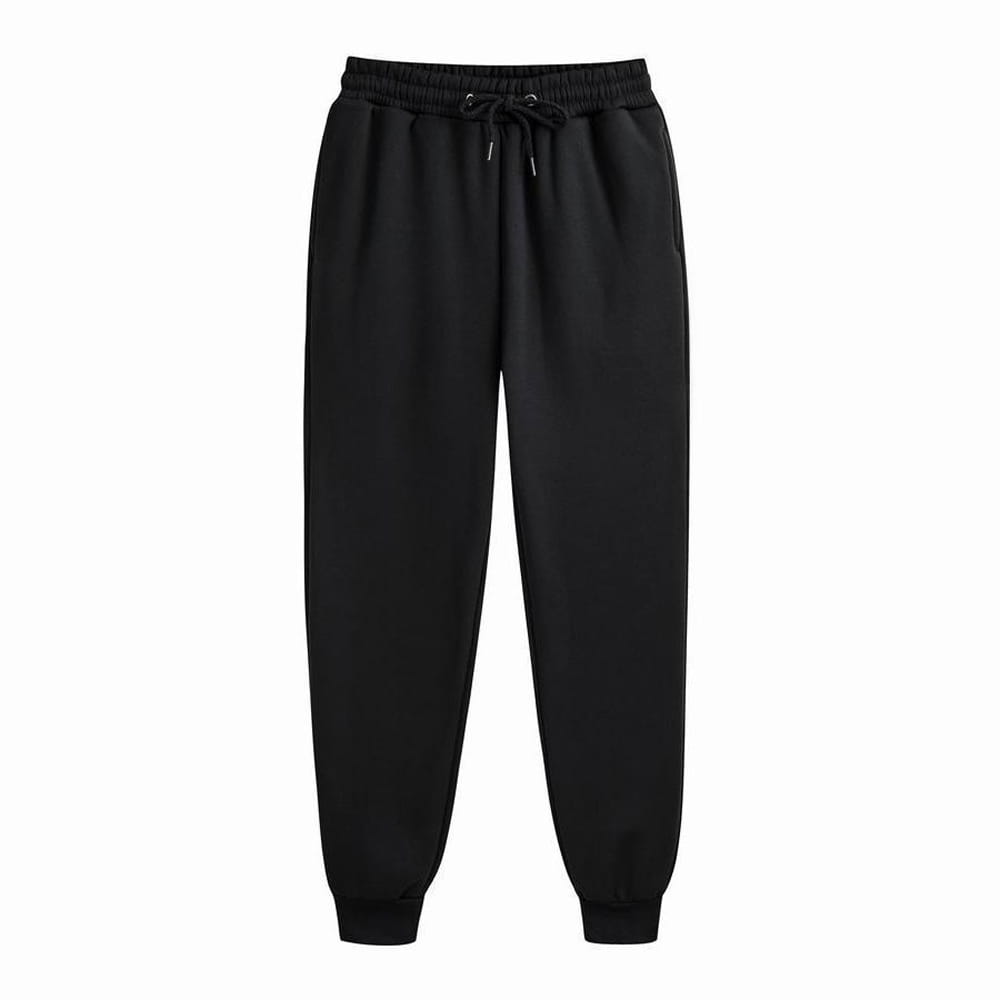 Survêtements jogger en molleton pour homme noirs avec taille élastique et cordon en tissu doux, pour un usage décontracté à l’entraînement.