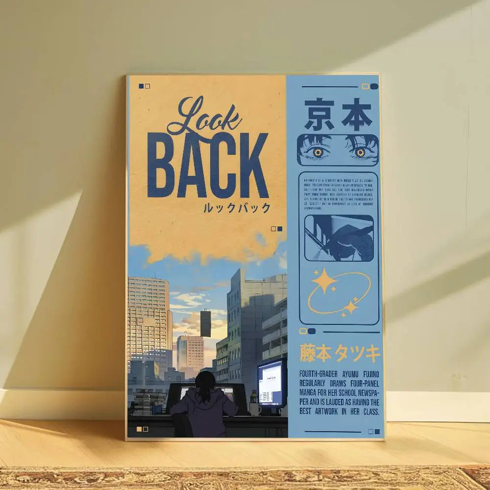 Póster retrográfica anime estilo look back orientado verticalmente con un diseño gráfico moderno dividido, que incluye un paisaje urbano cálido al atardecer y texto estilizado azul frío, diseñado para arte mural de sala de estar.