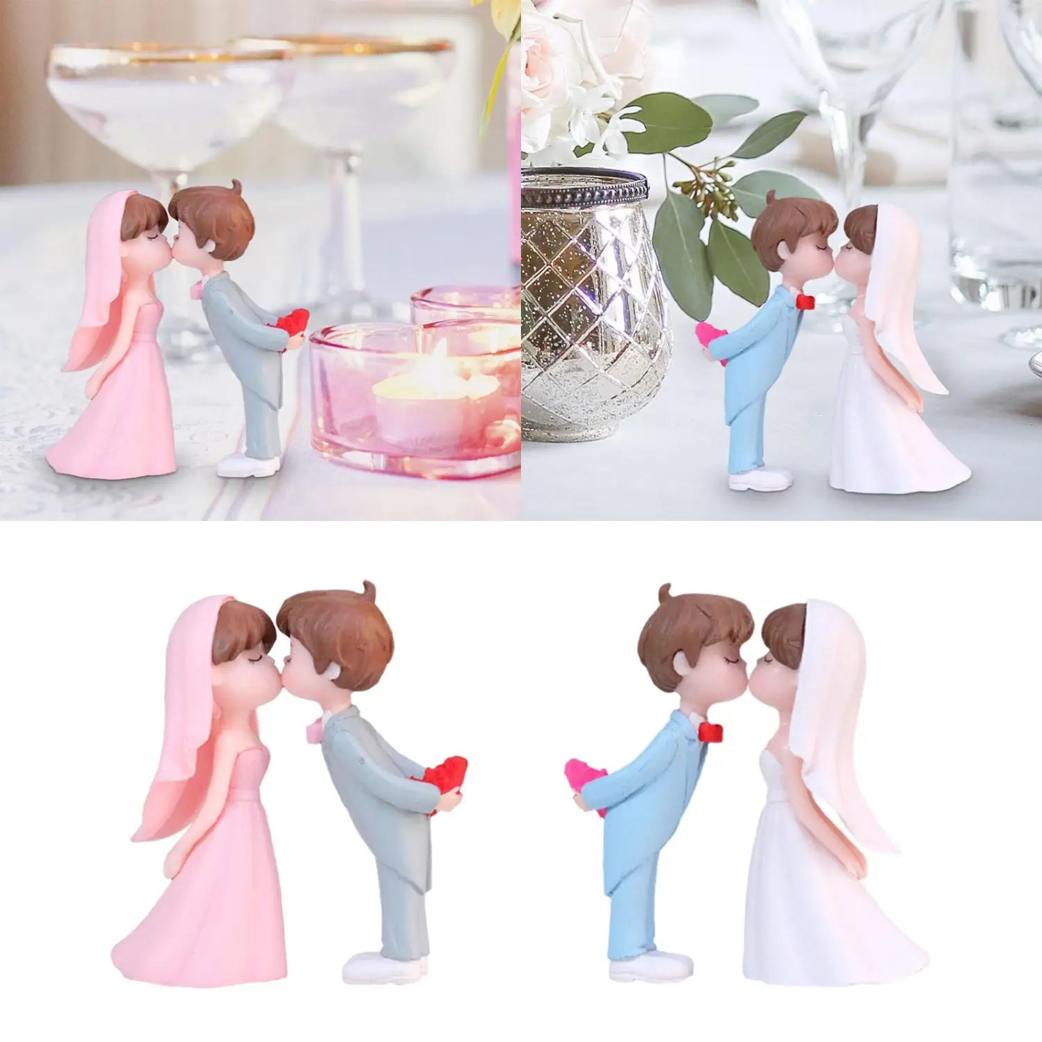 Hochzeitskuchenaufsatz Bräutigam und Braut Figuren aus Harz, mit einem niedlichen Paar in pinken und blauen Outfits, die jeweils ein rotes Herz halten.