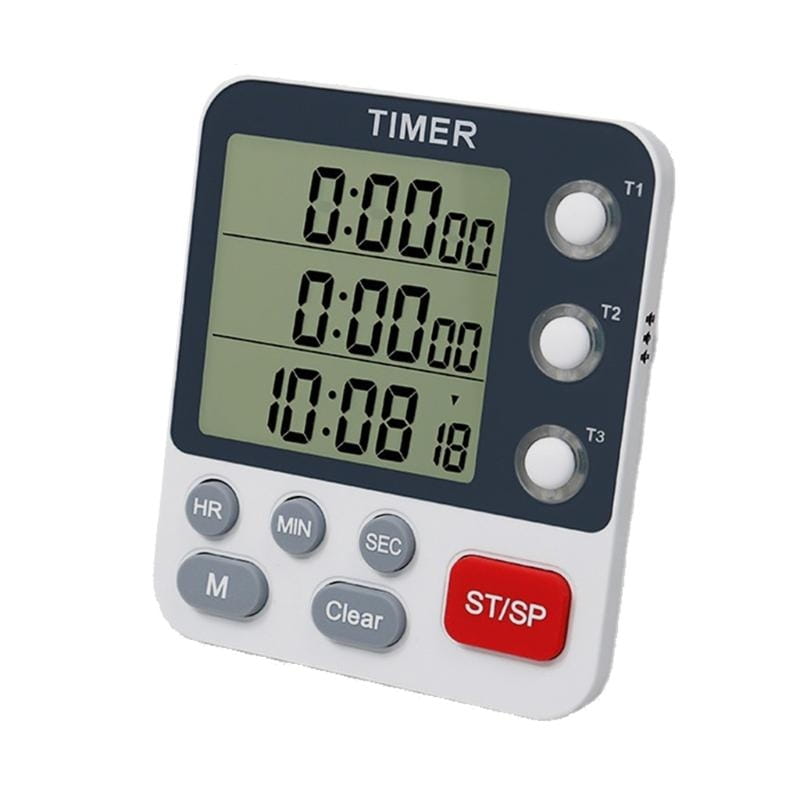 Weißer digitaler Küchen-Timer mit drei Kanälen und schwarzer Anzeigeeinheit, der drei Zeitzonen anzeigt, die mit t1, t2 und t3 beschriftet sind, mit entsprechenden Tasten entlang der rechten Seite sowie einer lauten Alarmfunktion.