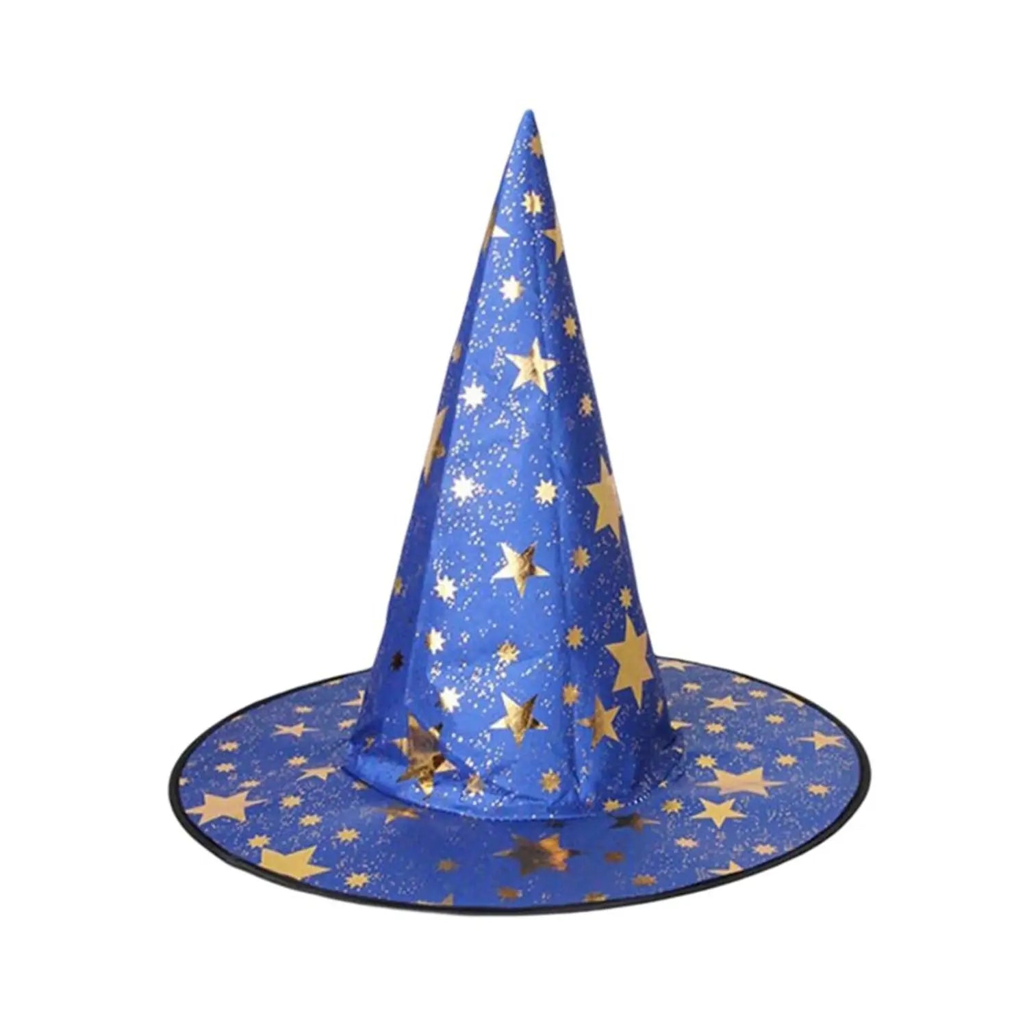 A vibrant blue halloween hat decorated with shimmering gold stars and a black rim serving as a halloween hat decoration and hat decoration prop for wizard costumes.