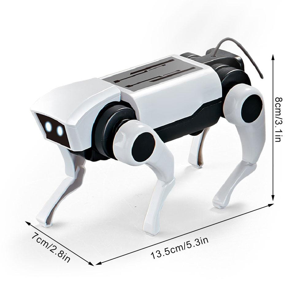 white and black mechanical dog robot dog with solar panel on its back designed as a diy walking electronic pet toy