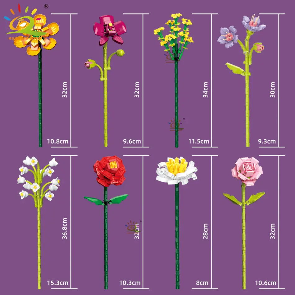Une collection de huit modèles de fleurs en briques colorées en jaune, rose, violet, rouge et blanc, conçue pour les amateurs de blocs, dans un ensemble de bouquet de fleurs.
