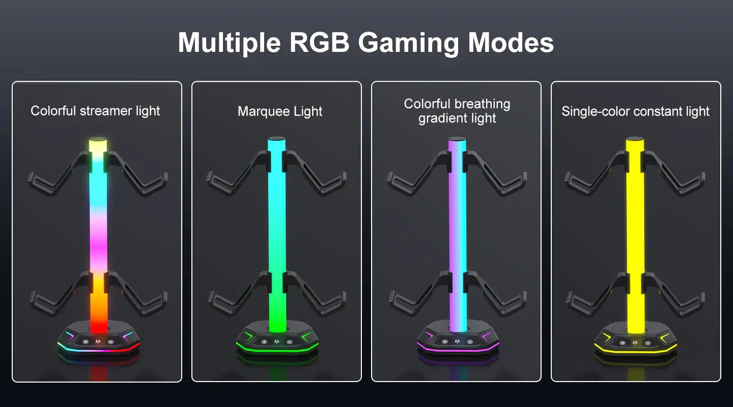Un support d’écouteurs RGB noir élégant et un porte-manette pour PS5, avec une barre lumineuse verticale centrale et plusieurs modes d’éclairage RGB.