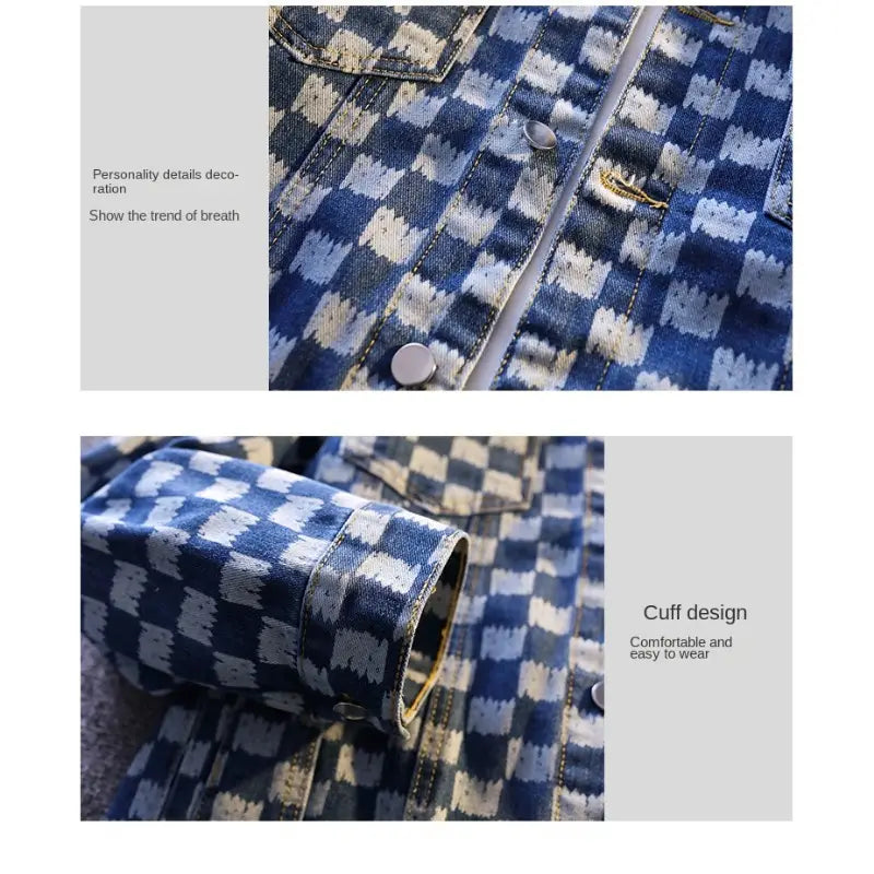 Oversized checkerboard denim jacket for men in blue and white with distressed details designed for streetwear.