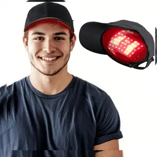 casquette de baseball noire avec un panneau de lumière DEL rouge à l’avant conçu pour la pousse des cheveux par lumière rouge