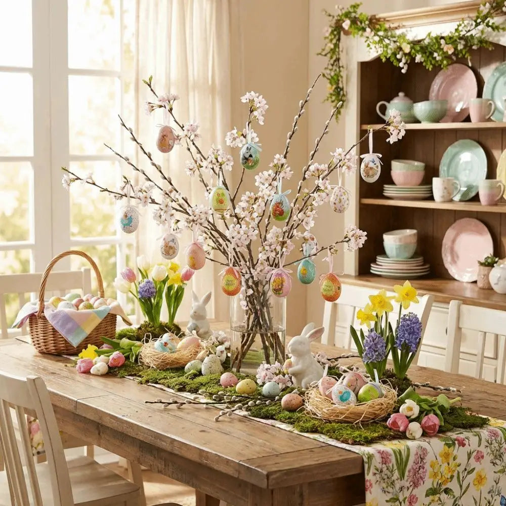œufs de Pâques en mousse suspendus, décoration artisanale florale, présentant des œufs en mousse de couleurs pastel sur un centre de branche florale, avec de délicates fleurs et des œufs décoratifs suspendus.