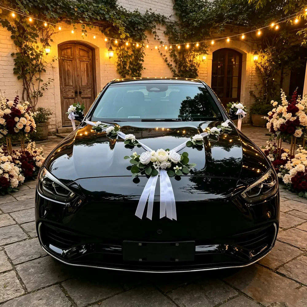 Berline noire brillante décorée de roses artificielles blanches et d’arrangements floraux d’eucalyptus, ainsi que de rubans sur le capot, pour la décoration du kit de décoration de voiture de mariage.