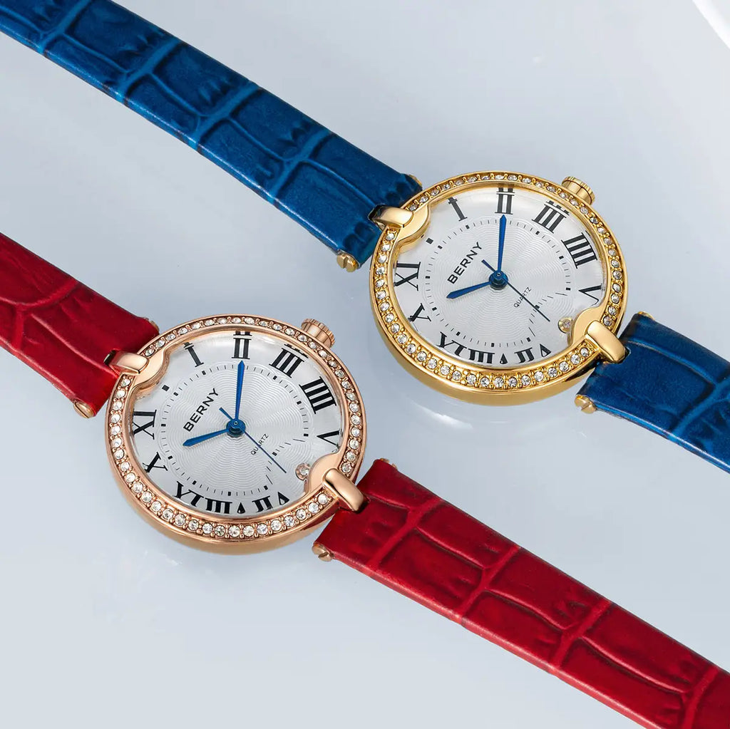 BERNY Women's Watches Luxury Slim Elegant Ladies Dress Quartz Watch Fashion Stones Domed Glass Girls Business Daily Wristwatch
