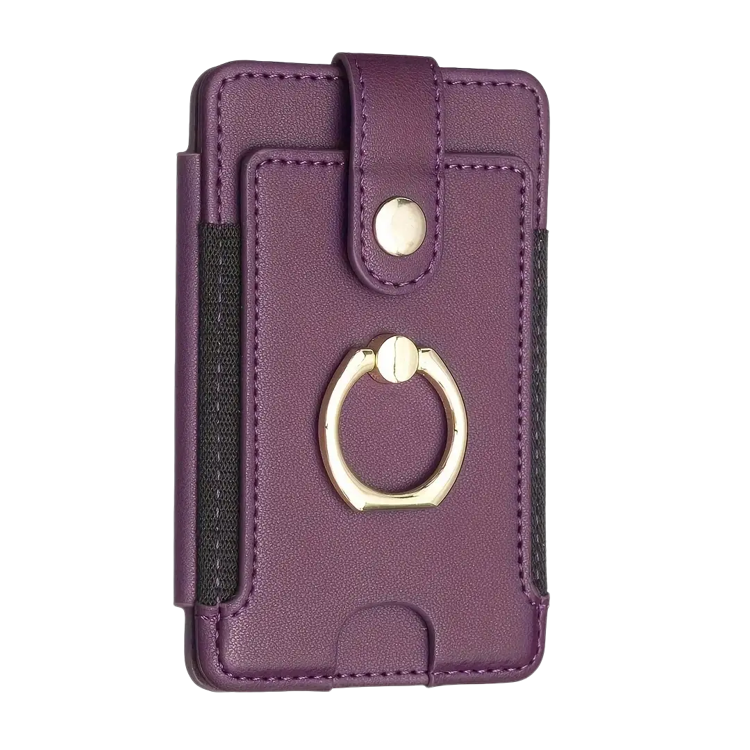 Purple leather universal ring small card holder for smartphones with gold ring grip and black mesh side panels front view