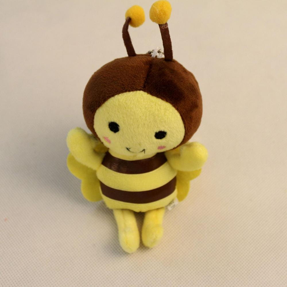 cute yellow and brown bee stuffed animal plush toy with soft fuzzy antennae and keychain attachment