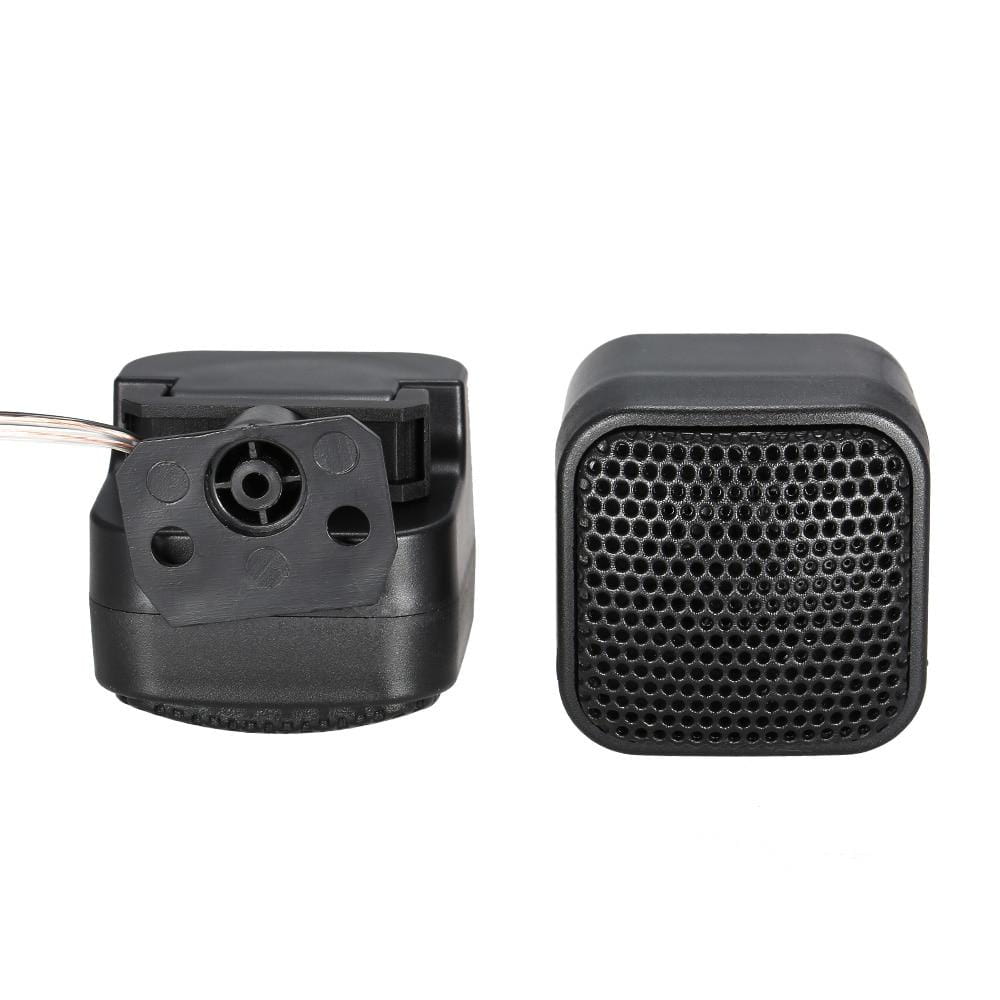 Tweeter tipo domo de coche de 500 W de plástico negro con rejilla perforada y soporte de montaje para audio automotriz.