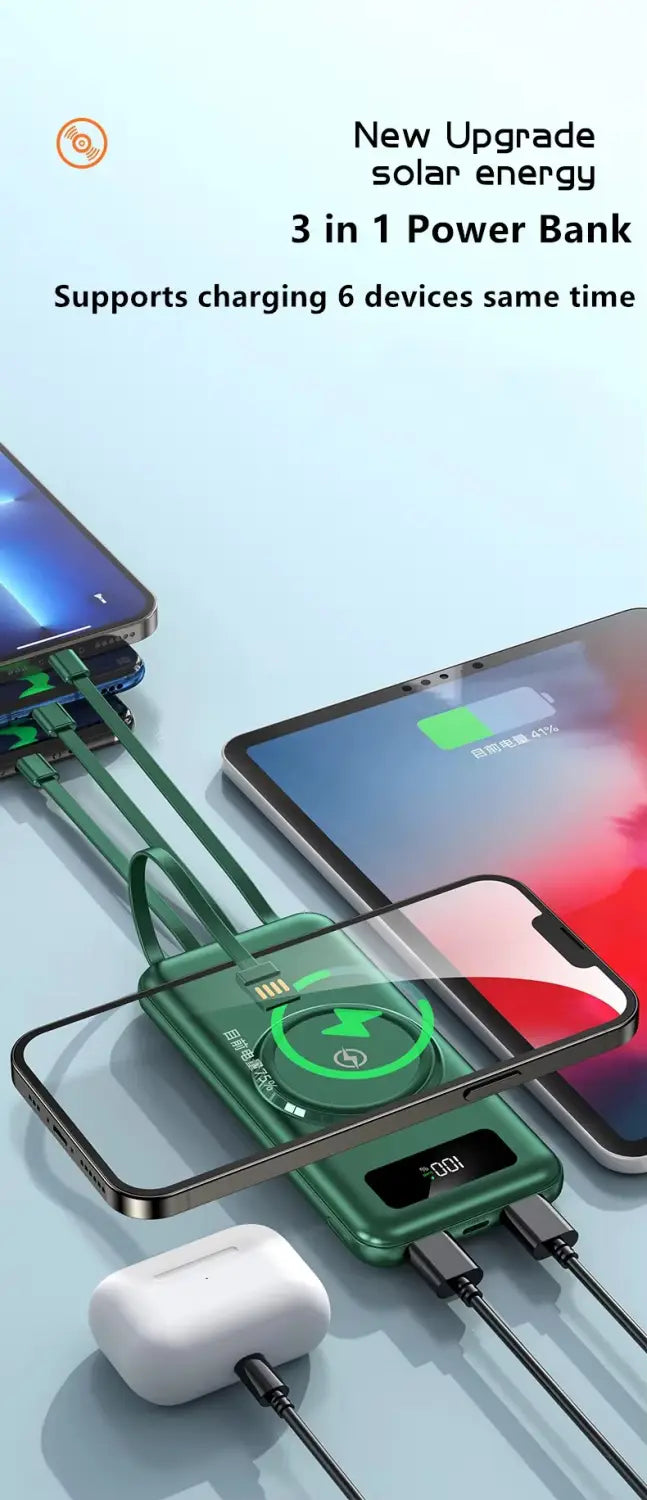 Green 3-in-1 quick charge power bank with built-in cables, li-polymer battery, micro usb ports, and digital display for efficient charging.