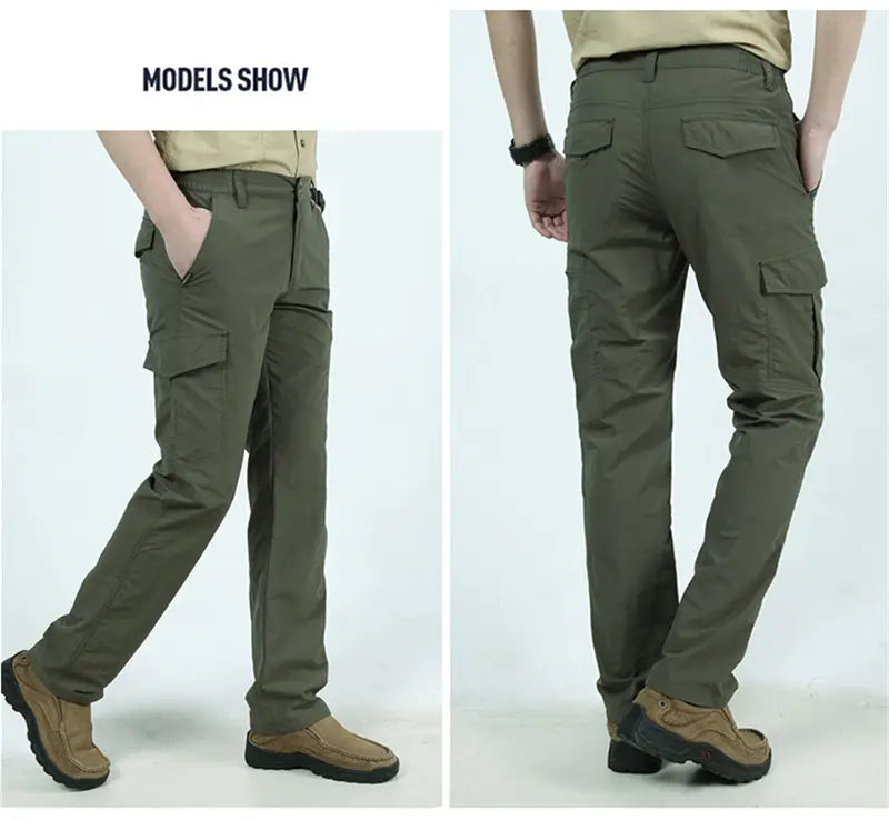 pantalons cargo tactiques légers pour homme en vert olive, comportant plusieurs poches et un tissu durable pour une fonctionnalité et un confort améliorés.
