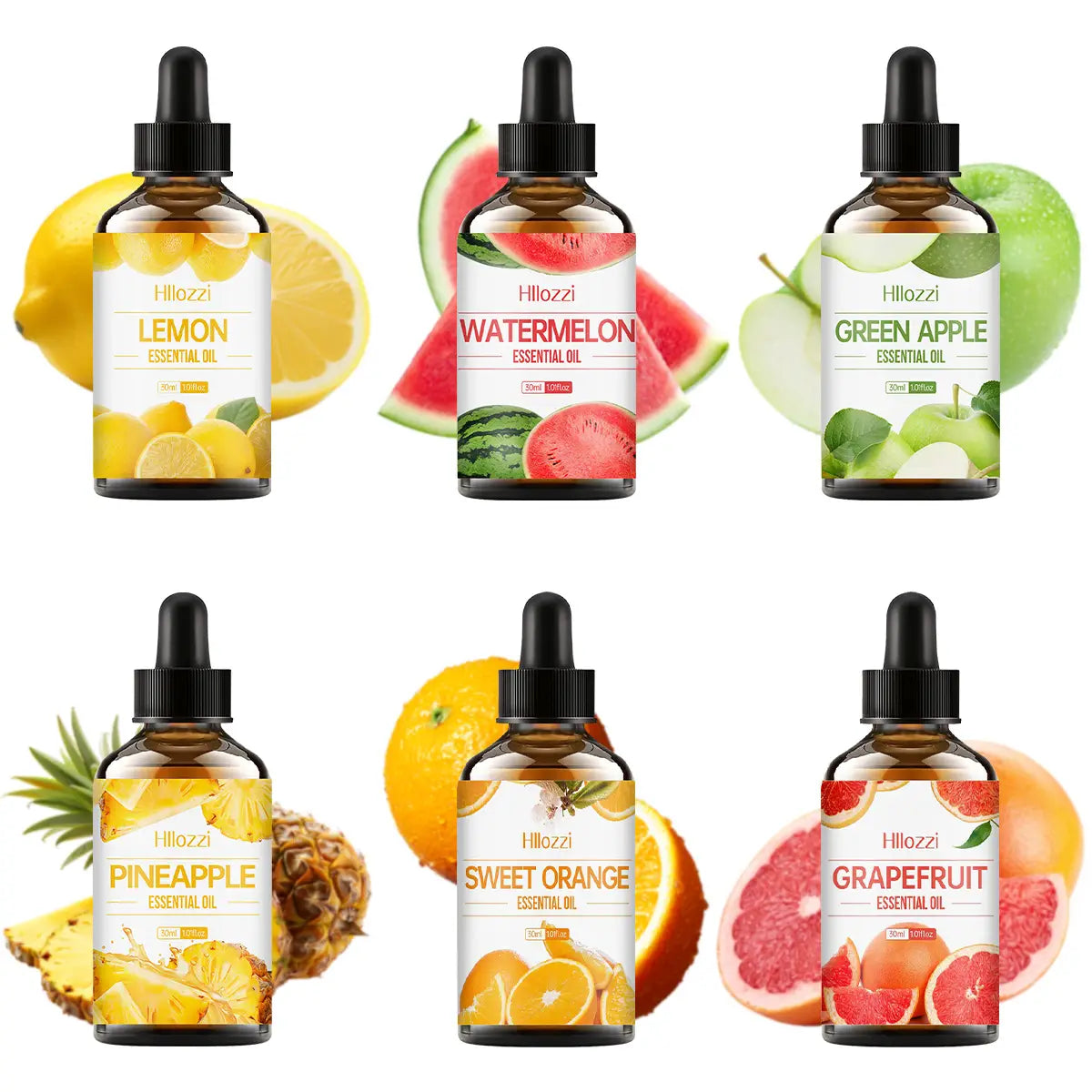six amber glass bottles with black dropper caps labeled hillozzi essential oil in distinct fruit flavors including lemon watermelon green apple pineapple sweet orange and grapefruit in an essential oil fruit set for skin care use