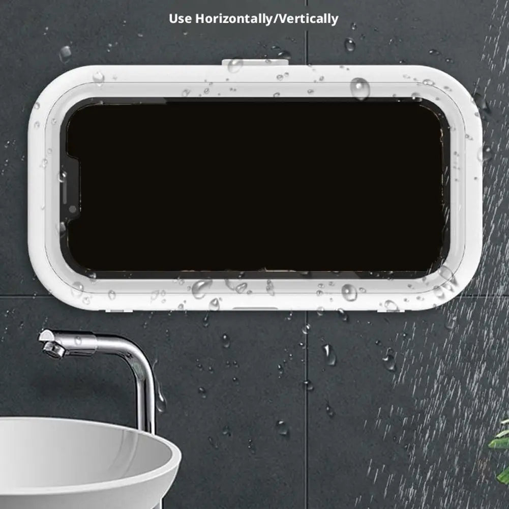 White rectangular waterproof case with rounded corners and black screen designed to fit an iPhone featuring a 360 degree rotating shower phone holder function.