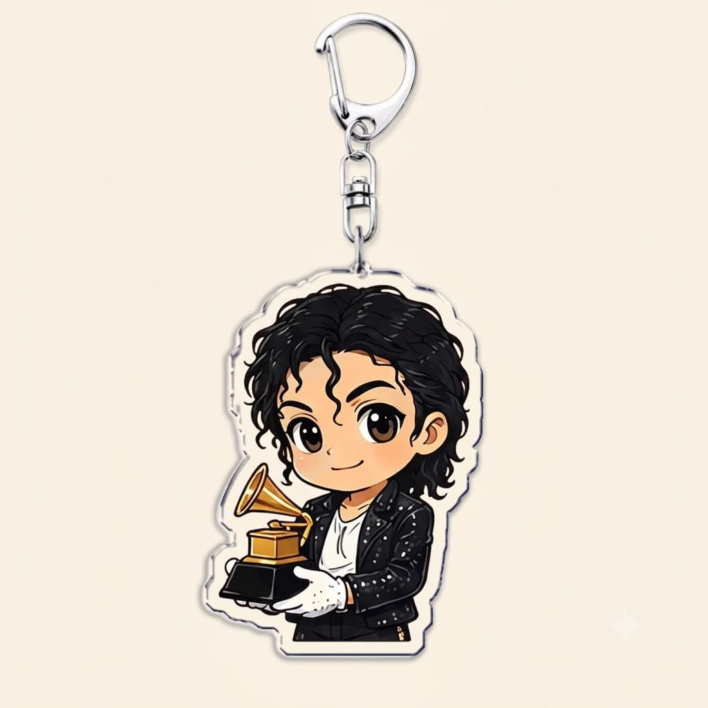 michael jackson chibi acrylic keychain featuring a black curly haired character holding a golden grammy award and wearing a sparkling black jacket.