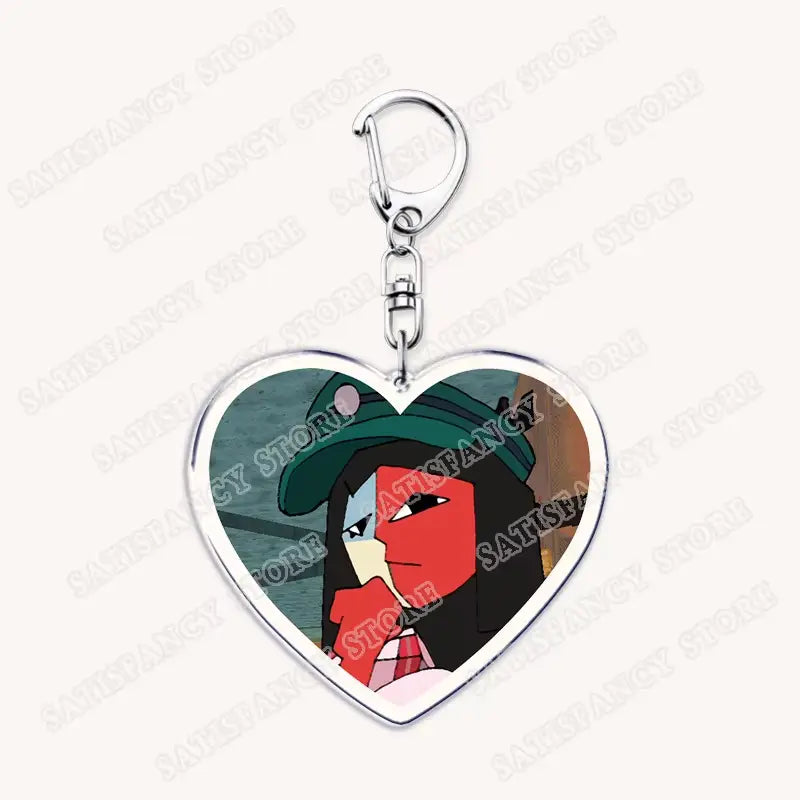Herzförmiger Acryl-Schlüsselanhänger mit einem Cartoon-Charakter mit rotem Gesicht, schwarzem Haar und grüner Mütze, entworfen als Anime-Herz-Acryl-Schlüsselanhänger – Geschenk für Gamer.