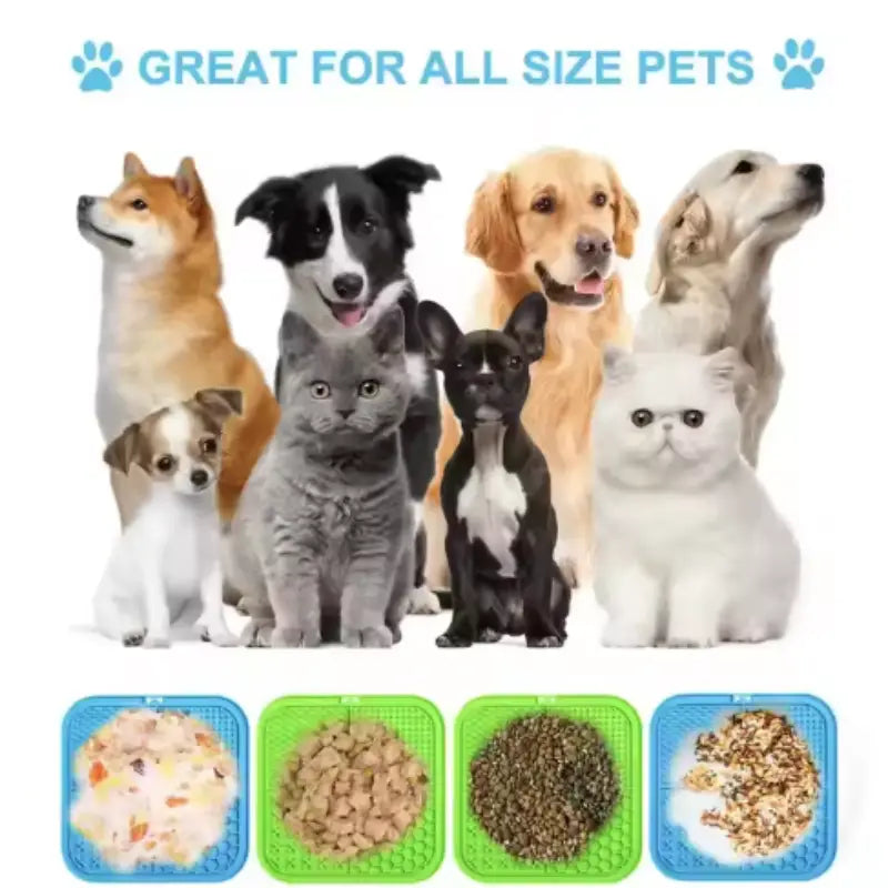 Blue and green slow feeder pet lick silicone mats with textured surfaces designed to slow down eating for dogs