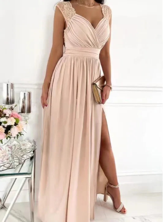 Elegant Evening Dress Women V Neck Lace Shoulder Sleeveless Slit Waist Cinched Pleated Formal Party Prom Maxi Gown