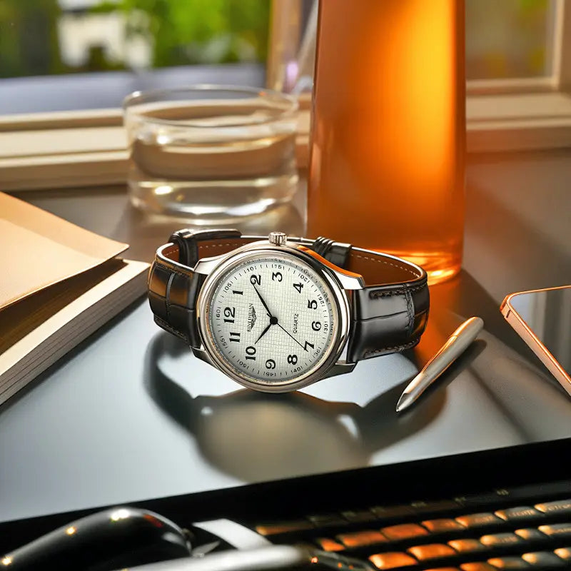 A sleek silver-toned Longines mens quartz leather watch with a white dial black arabic numerals and hands paired with a dark brown leather strap designed for waterproof business use.