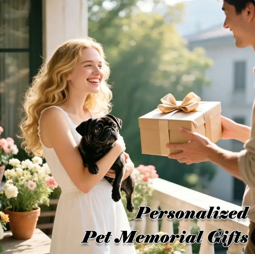 a beige gift box with a gold ribbon bow containing a custom pet photo stainless steel heart keychain