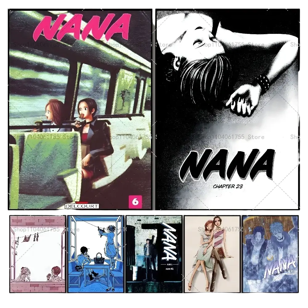 Front view of classic anime nana self-adhesive poster featuring vibrant pink, black, white, blue, and green manga collage