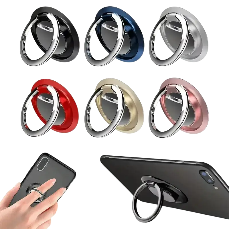 A sleek magnetic phone holder finger ring stand in black, blue, silver, red, gold, and rose gold colors