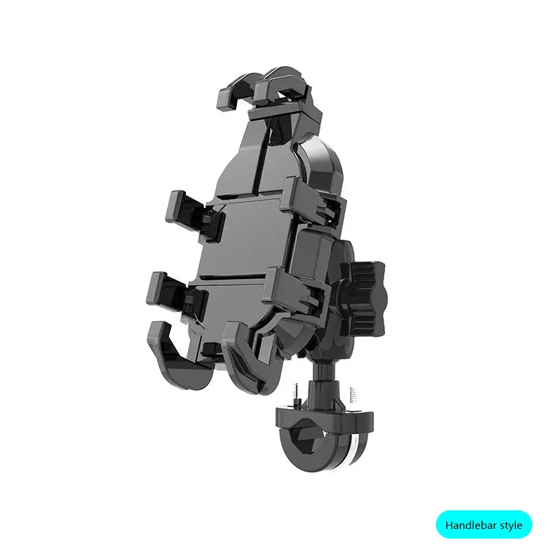Schwarze Kunststoff-Motorradhalterung im Lenkergriff-Stil für das Telefon mit verstellbaren Klemmen und zentralem Drehpunkt für eine 360-Grad-Rotation.