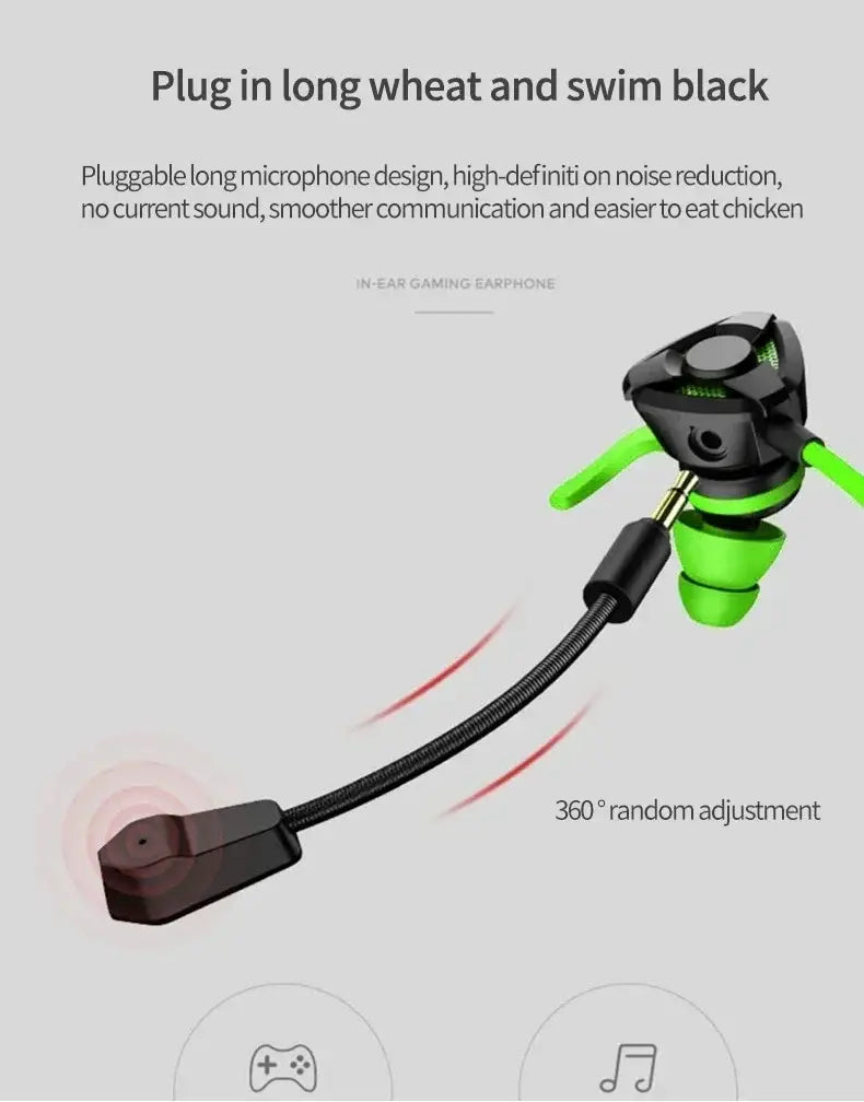 Black and neon green wired in-ear gaming headset with a pluggable long microphone designed for immersive gaming experiences.