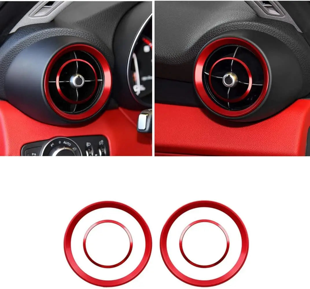 Alfa Romeo Giulia Stelvio rote, metallische kreisförmige Lüftungsgitter-Zierleisten-Ringe aus Metall für die Innenraum-Gestaltung des Fahrzeugs.