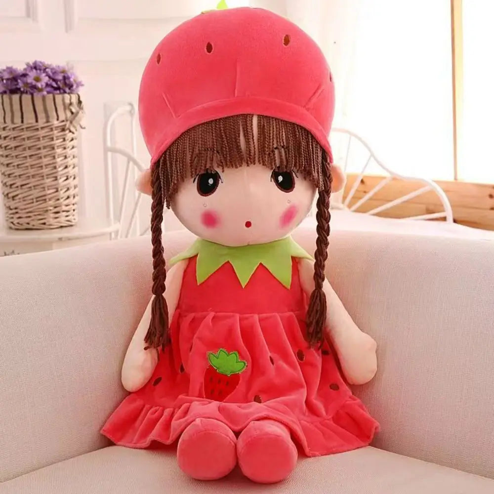 Plush doll 45cm cute stuffed animal toy featuring a brown braided hair doll dressed in a red velvet strawberry-themed dress and matching hat.