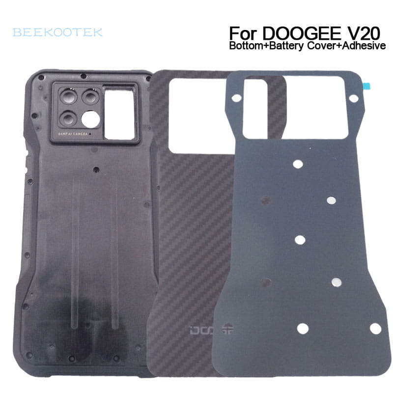 背面側から示したdoogee v20オリジナル携帯電話用複合バックカバー筐体のための、黒のカーボンファイバー調テクスチャード・バックパネルおよびバッテリーカバー一式。