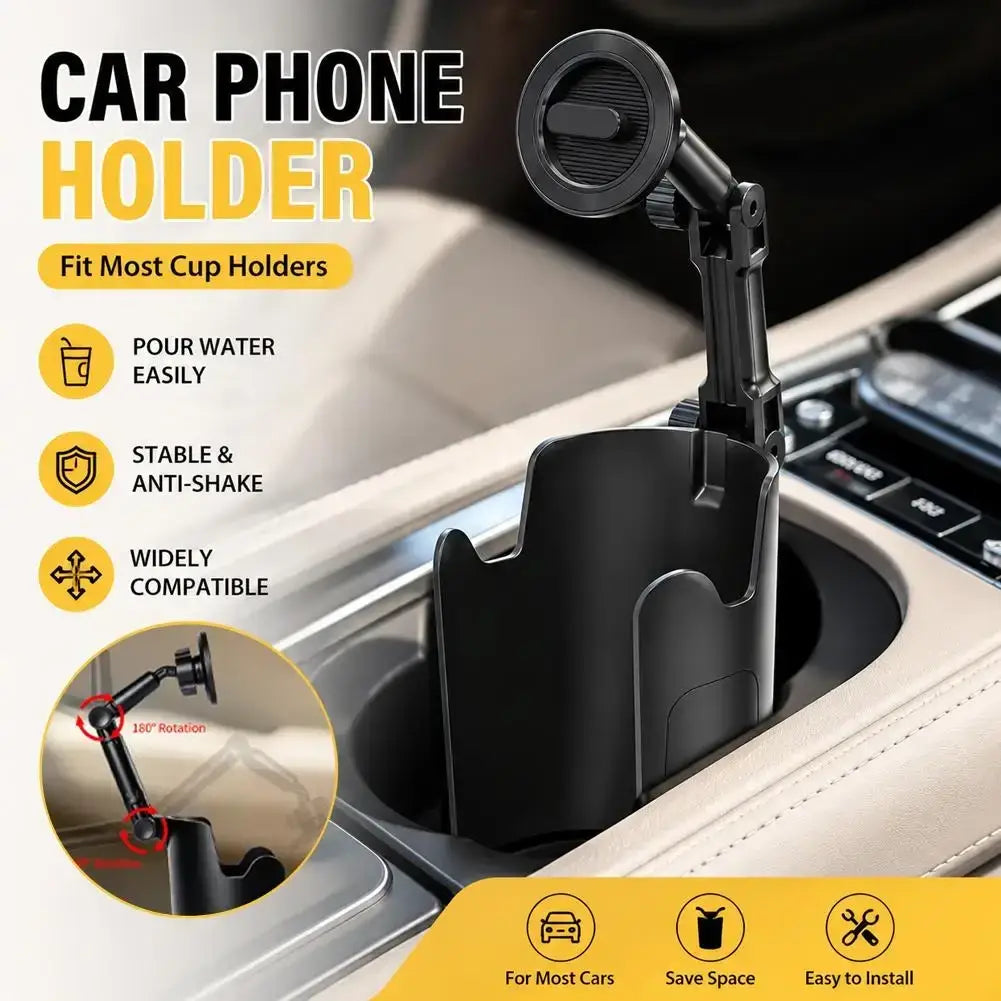 Black plastic car phone mount with adjustable arm and strong magnet for cup holder 360° universal phone stand