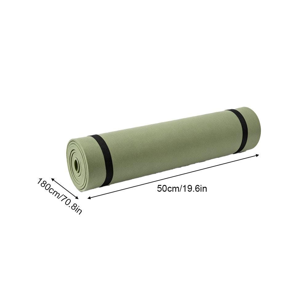 A rolled-up olive green yoga mat with black straps made of non-slip EVA material measuring 180cm by 50cm for portable fitness use.