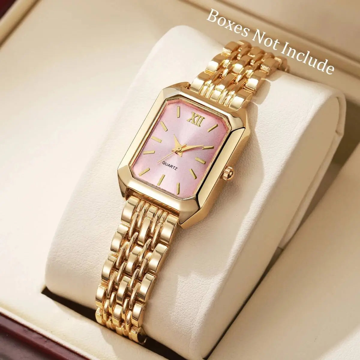 Women gold rectangle quartz watch with a pink mother-of-pearl dial roman numeral hour markers and an elegant gold-toned mesh strap.