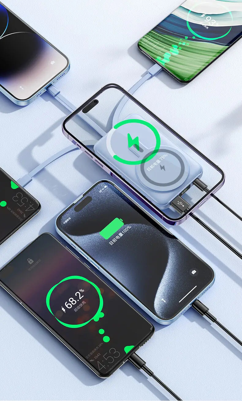 A sleek transparent wireless charger power bank with a circular green lightning bolt design and dual usb ports featuring fast charge and 20000mah capacity.