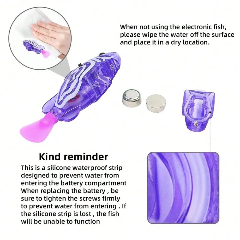 Interactive robotic fish cat toys featuring a purple translucent electronic fish with white wavy patterns and a pink tail.