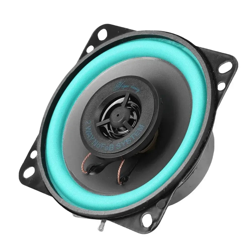 Black car speaker with vibrant teal surround and visible copper wiring designed for universal hifi coaxial subwoofer audio stereo use.