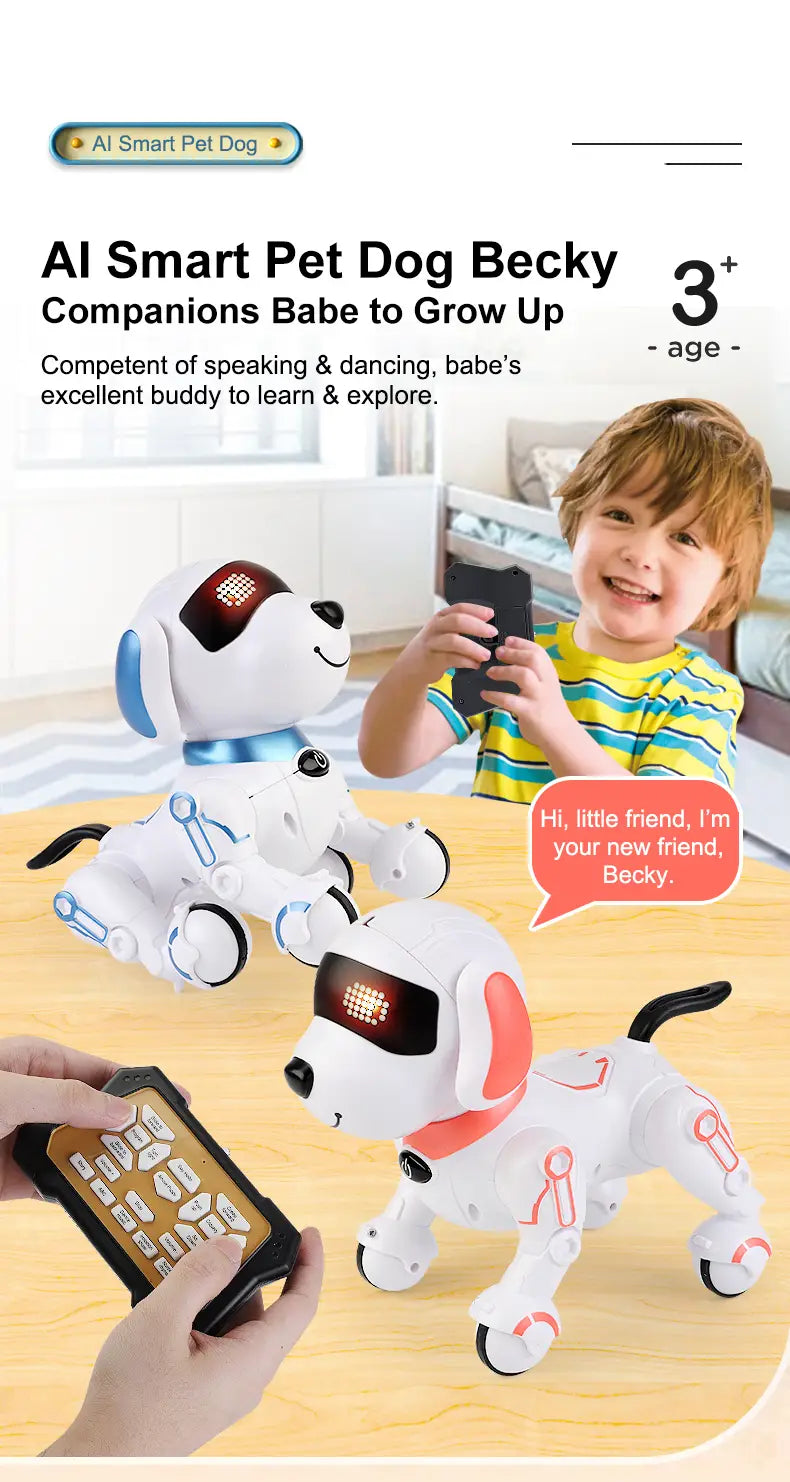 White and red RC robot dog interactive smart electronic stunt pet Becky with LED-lit eyes and articulated limbs designed as an AI smart robotic companion.